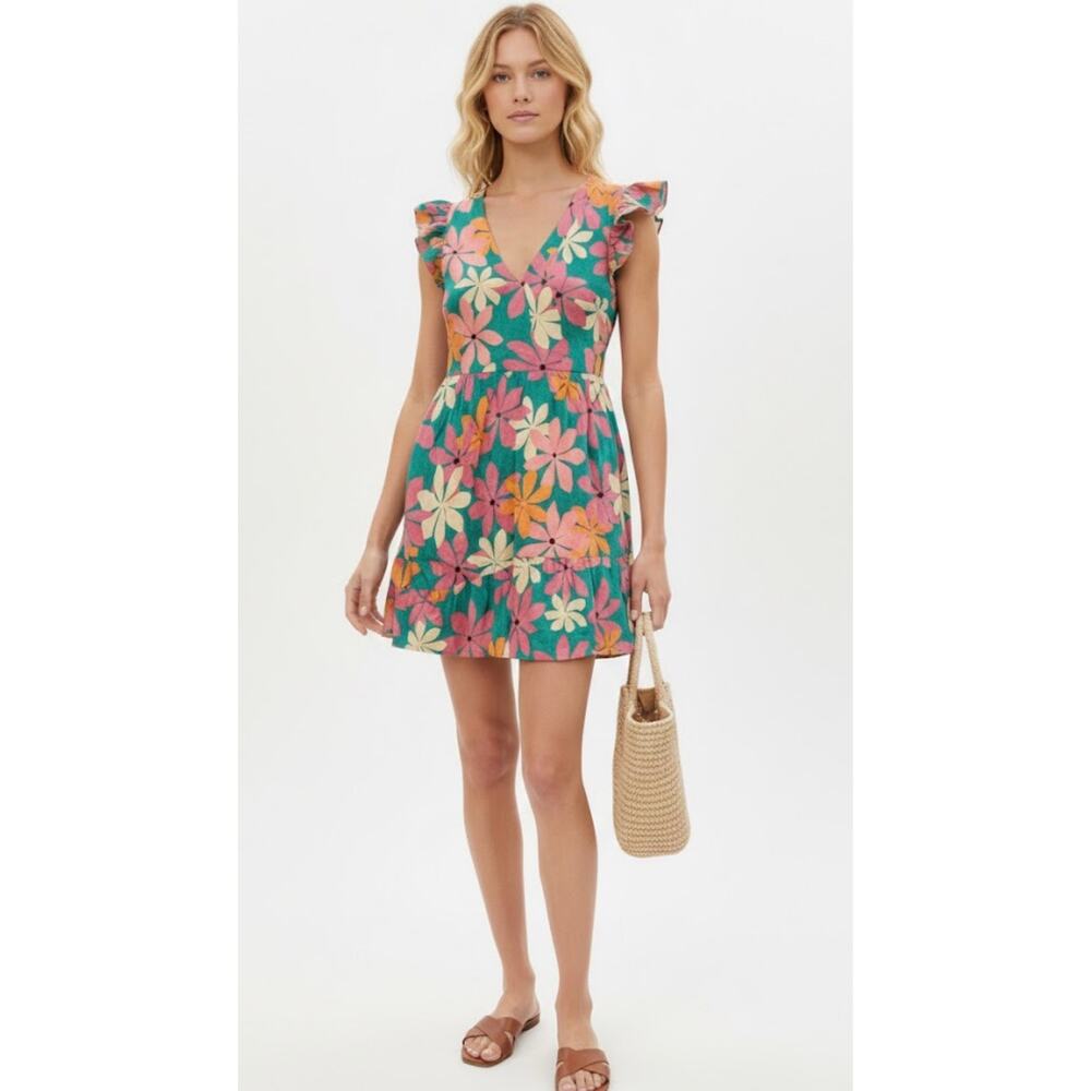 THML Floral Medium Ruffle Mini Dress Coastal Vacation Tropical Summer Colorful